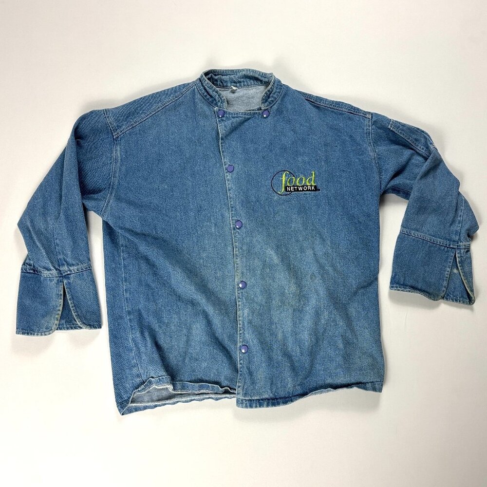 Vintage Food Network Womens Denim Chef Shirt Blue Jean Sz L Television Snap